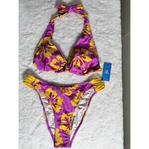 Cupshe Bikini Womens Medium Pink/Yellow Floral High Neck Halter 2 Piece Swim Set